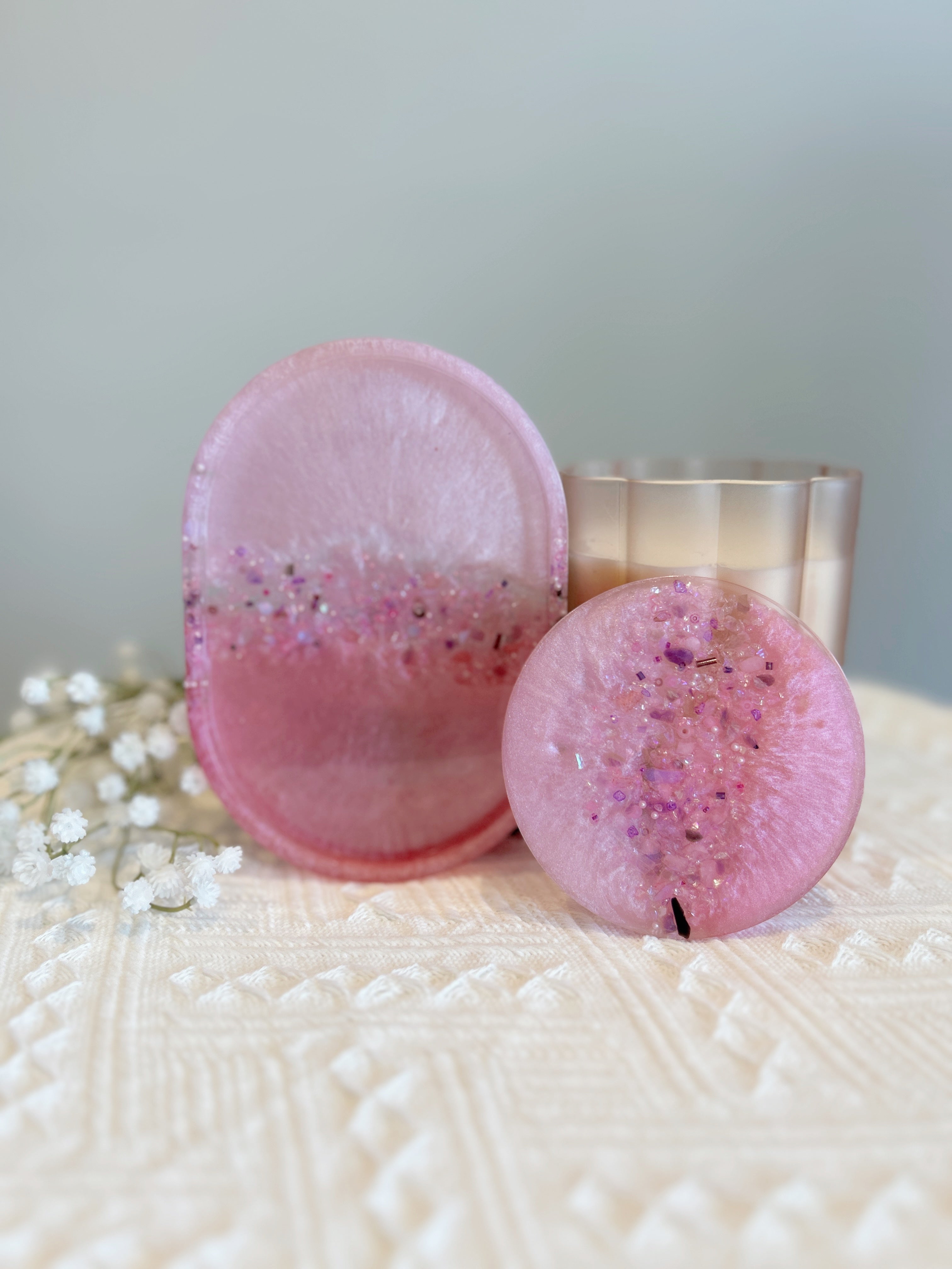 【Crystal Glow】Handmade Resin Coaster & Trinket Tray (2-piece set)