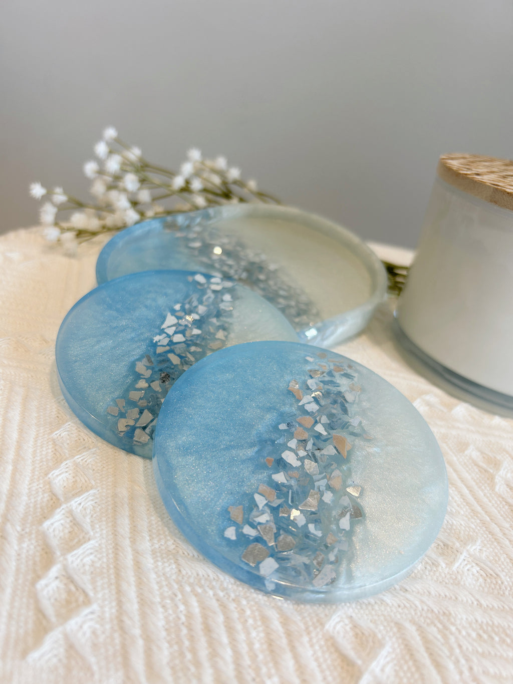 【Crystal Glow】Handmade Resin Coasters & Trinket Tray (3-piece set)