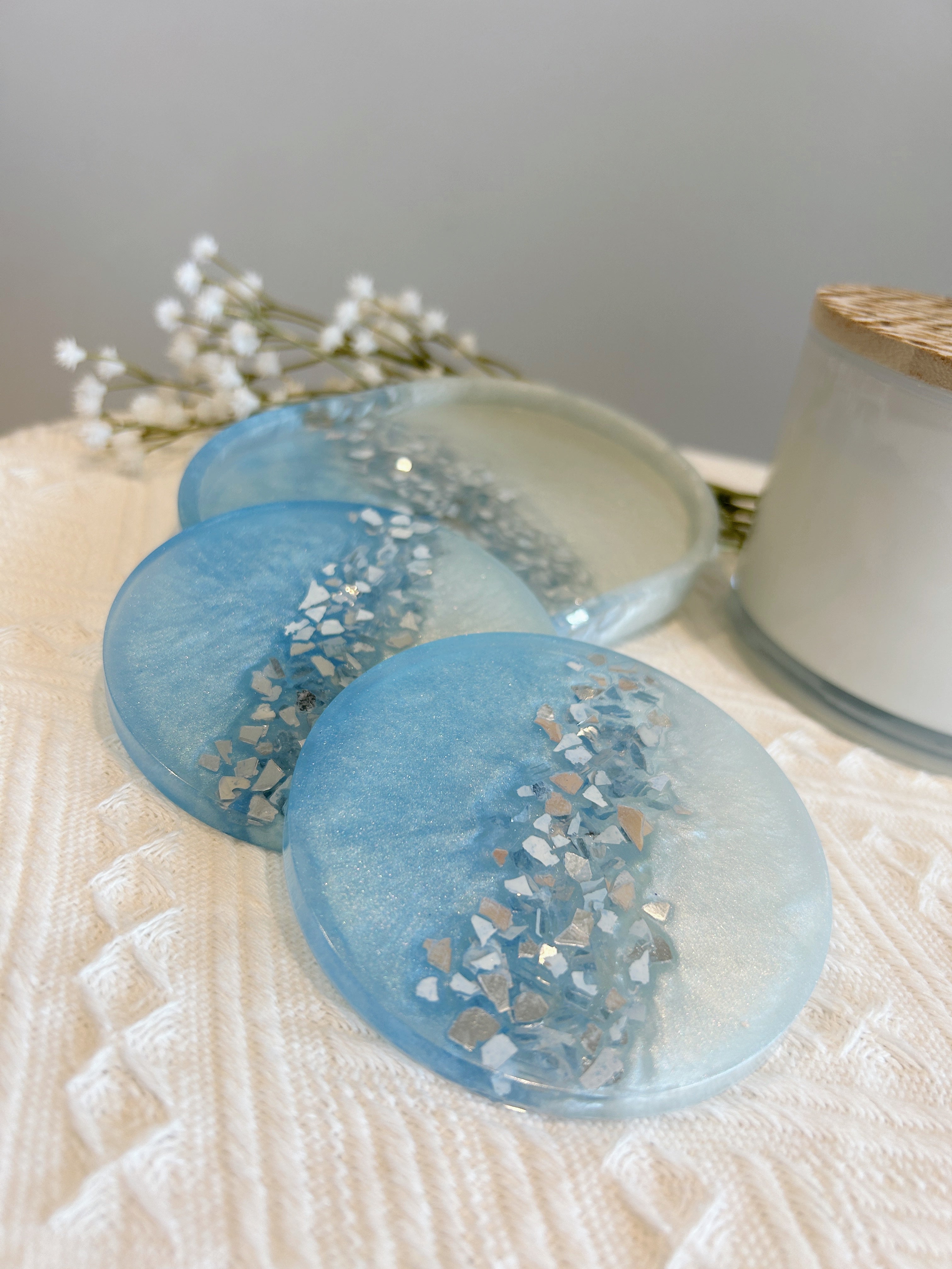 【Crystal Glow】Handmade Resin Coasters & Trinket Tray (3-piece set)