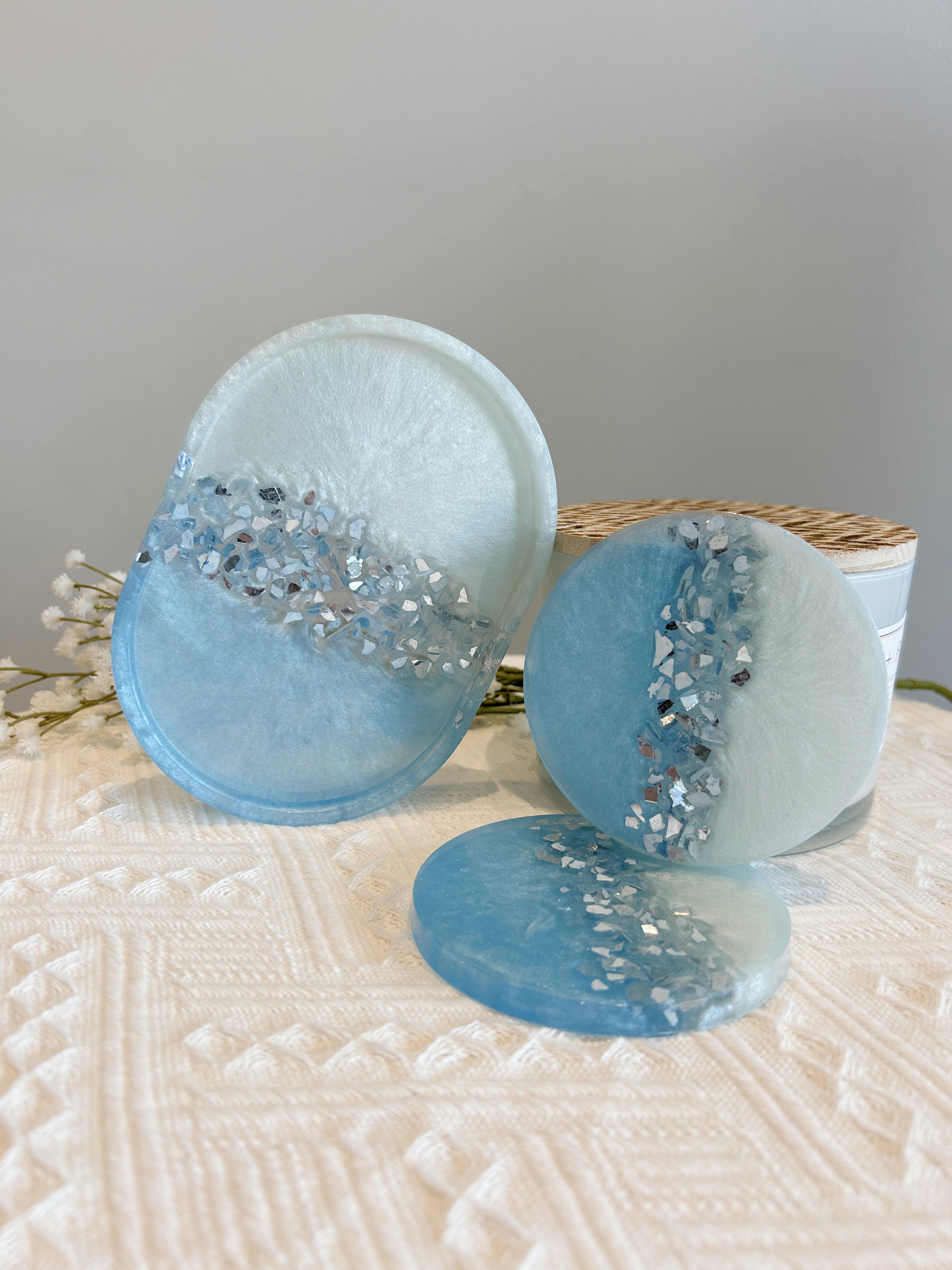 【Crystal Glow】Handmade Resin Coasters & Trinket Tray (3-piece set)